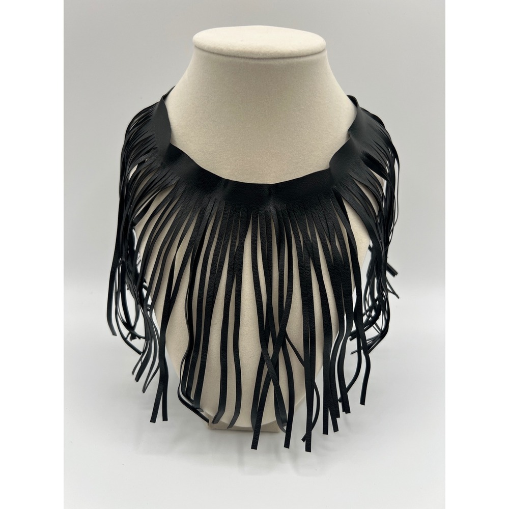 KEFU Black Faux Leather Fringe Bib Necklace Western Tassel Statement Choker